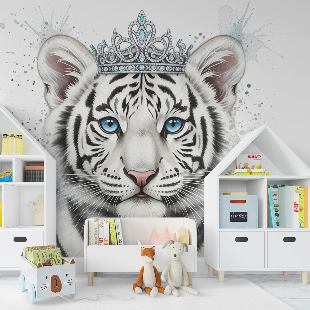Kids-Mundo white tiger tiara mural bringing gentle charm to a soft playroom wall