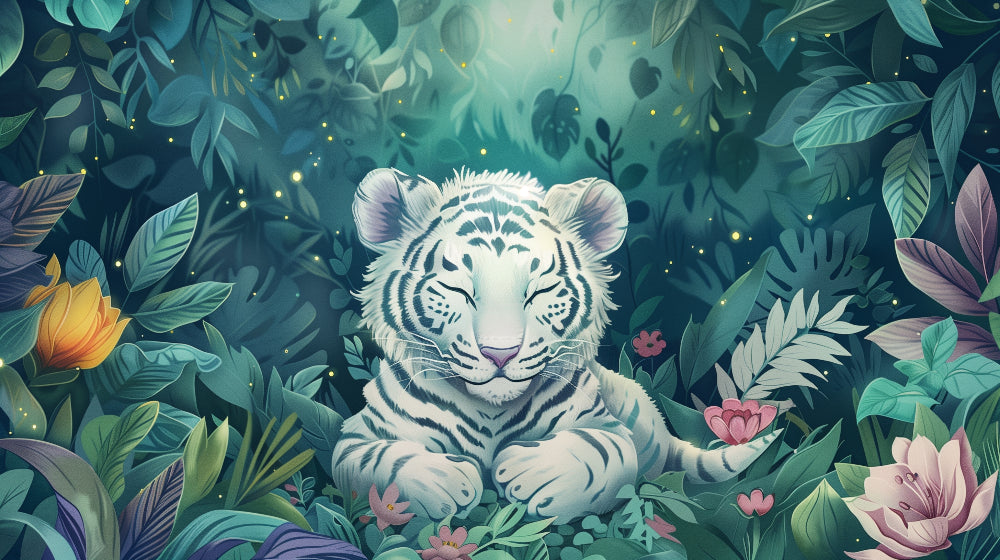 White tiger jungle mural wallpaper design pattern with fairy flowers by Kids-Mundo