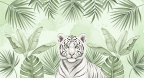 Detailed white tiger jungle mural wallpaper design pattern with tropical foliage by Kids-Mundo