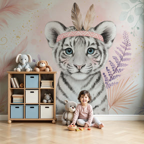 White tiger mural wallpaper with feather crown creating magical nursery decor by Kids-Mundo