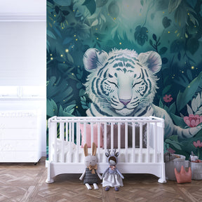 Jungle animal mural wallpaper featuring white tiger in luminous playroom by Kids-Mundo