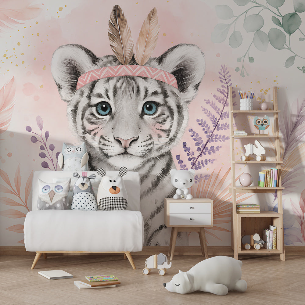 White tiger mural wallpaper creating enchanting atmosphere in kids playroom by Kids-Mundo