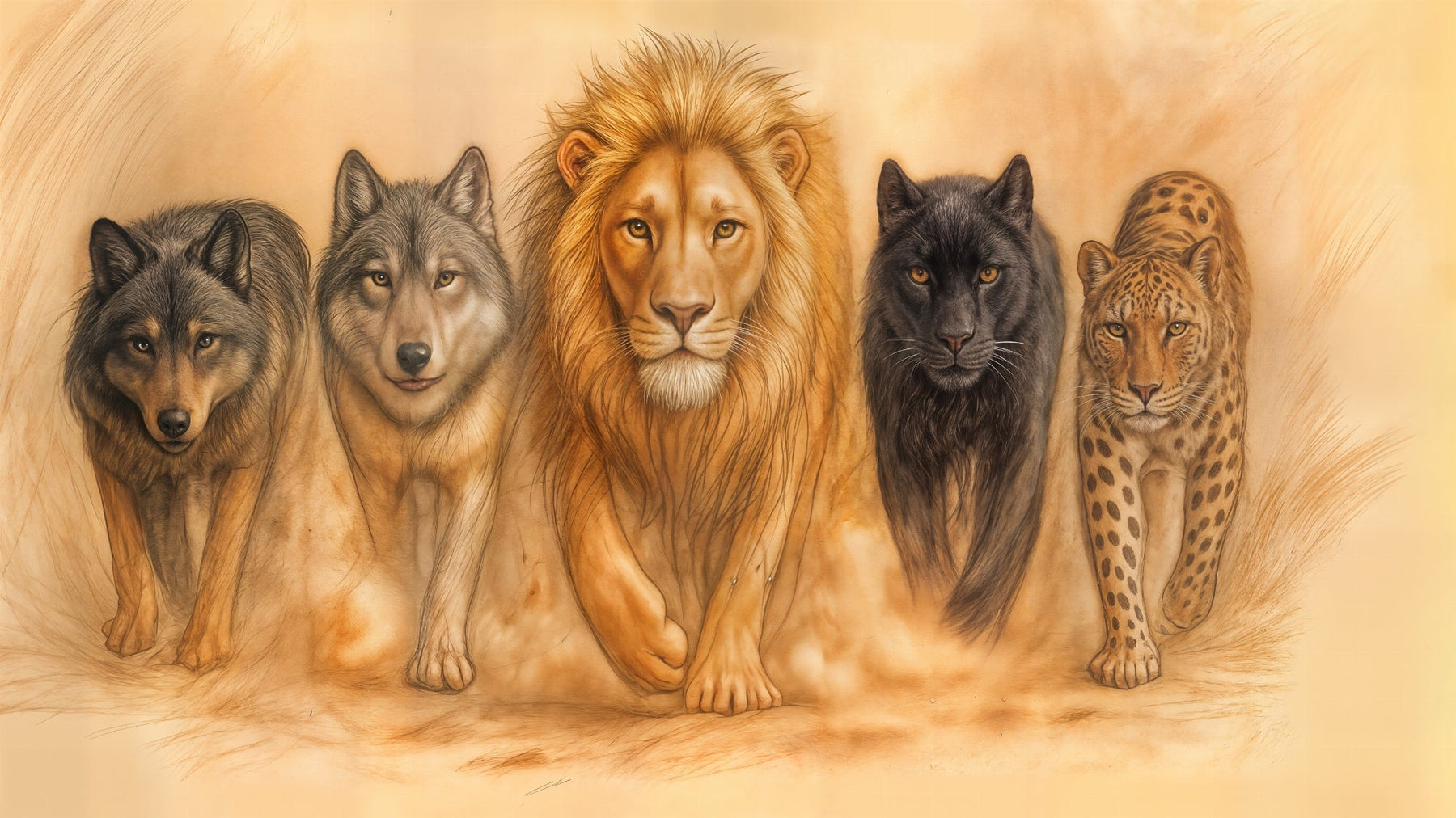 Detailed wild animals mural wallpaper design pattern showing lion wolves panther leopard by Kids-Mundo