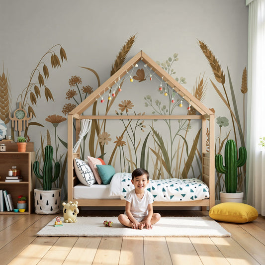 Kids-Mundo wild meadow grasses wall mural styled behind a cot in a natural nursery.