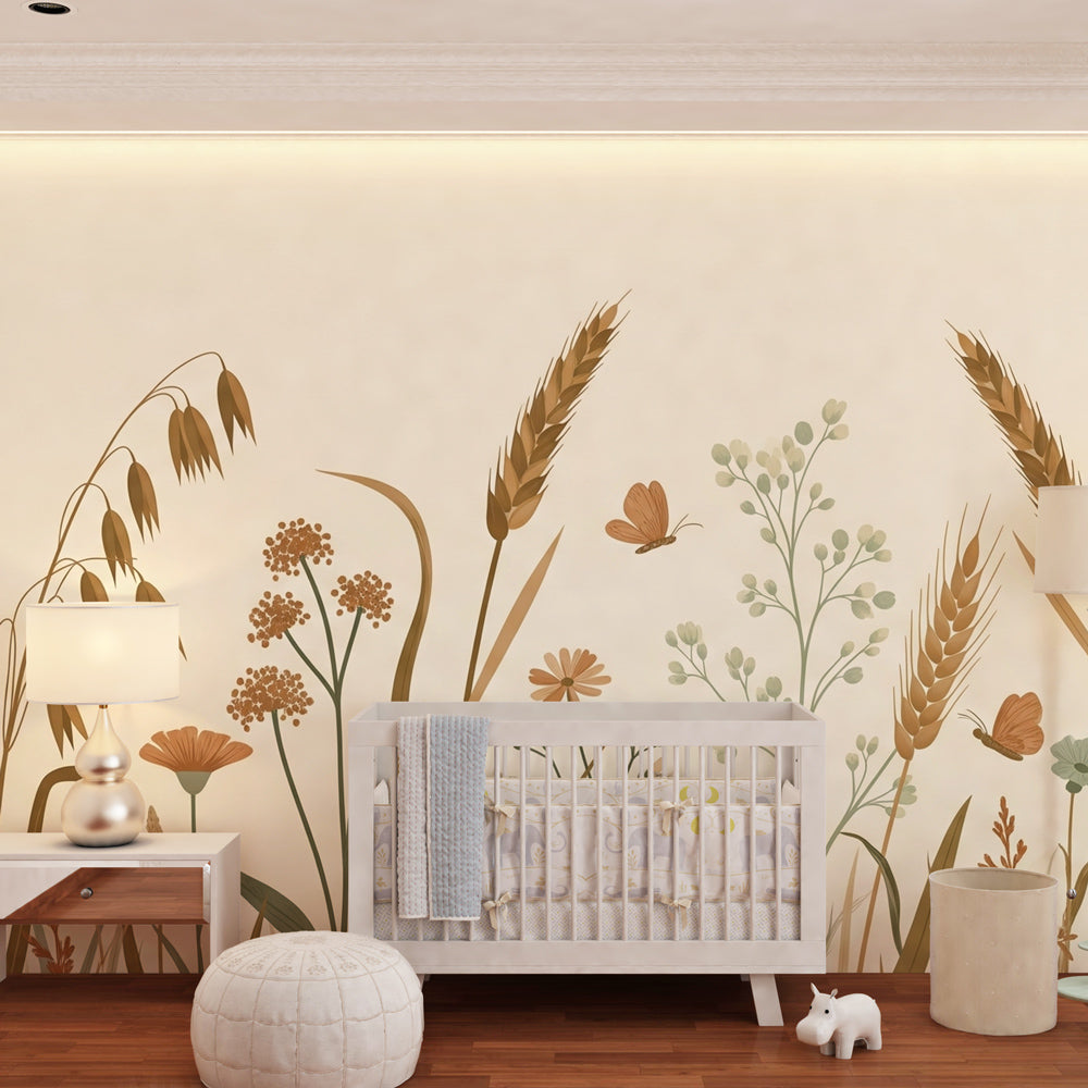 Natural meadow mural wallpaper creating peaceful kids bedroom atmosphere with butterflies