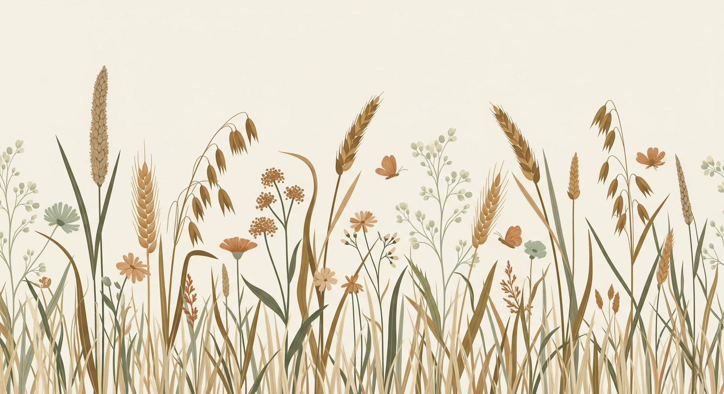 Detailed wildflower field mural wallpaper design pattern with wheat stalks and butterflies by Kids-Mundo
