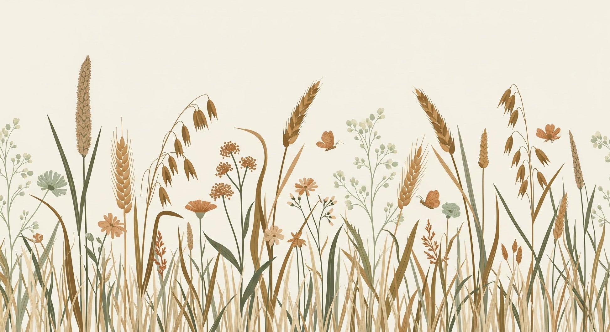 Detailed wildflower field mural wallpaper design pattern with wheat stalks and butterflies by Kids-Mundo