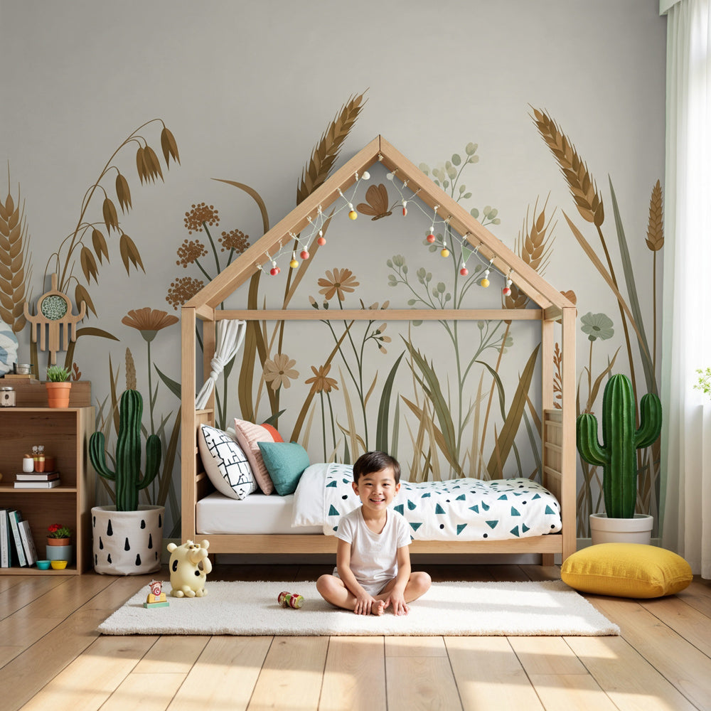 Wildflower field mural wallpaper in modern nursery with natural wood furniture by Kids-Mundo