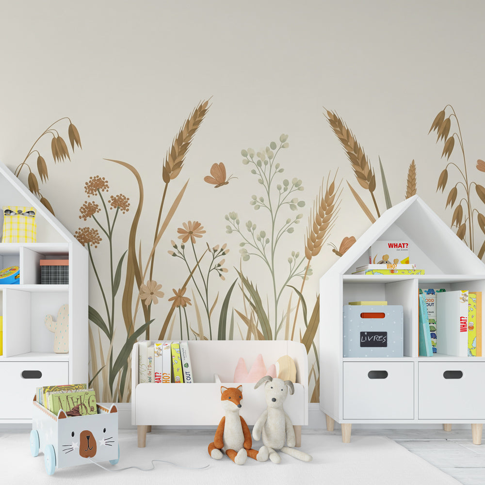 Botanical wildflower wallpaper transforming children's playroom into garden sanctuary