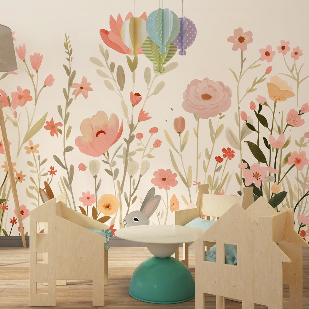 Kids-Mundo pastel meadow wall mural with bunnies in a young girl's bedroom setting.