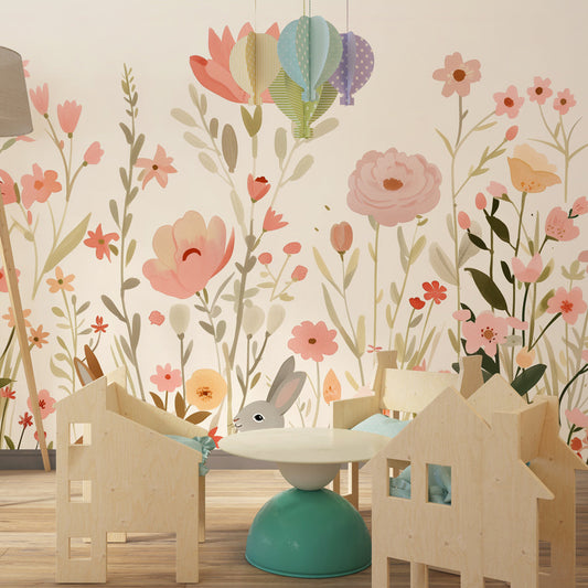 Kids-Mundo pastel meadow wall mural with bunnies in a young girl's bedroom setting.