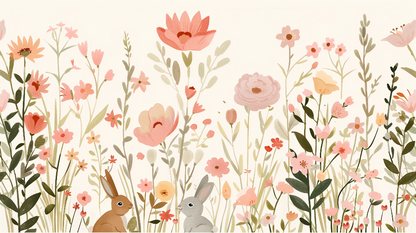 Kids-Mundo flat artwork of a pastel wildflower meadow with a brown bunny and a grey bunny.