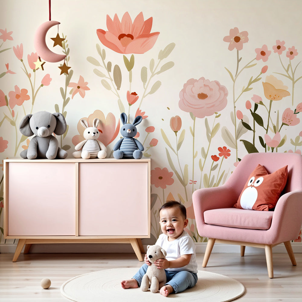 Kids-Mundo wildflower and bunny wall mural styled in a soft pastel nursery with cot and blossom accents.