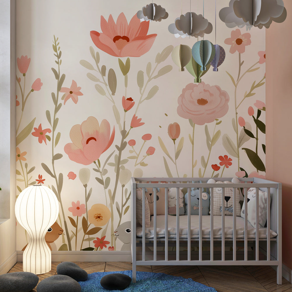 Kids-Mundo wildflower bunny mural bringing a soft garden feel to a playroom wall.