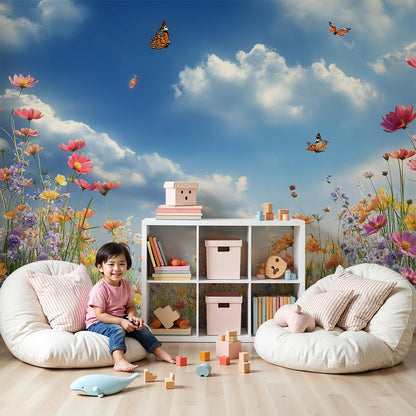 Kids-Mundo wildflower meadow wall mural with butterflies in a bright nursery