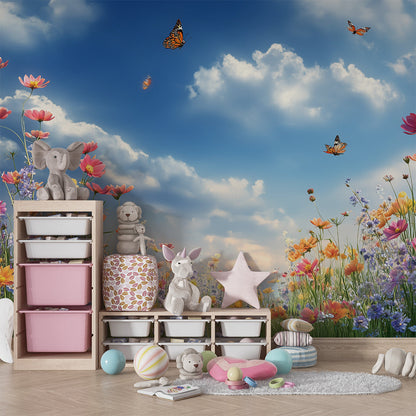 Kids-Mundo butterfly and wildflower wall mural adding colour to a playroom