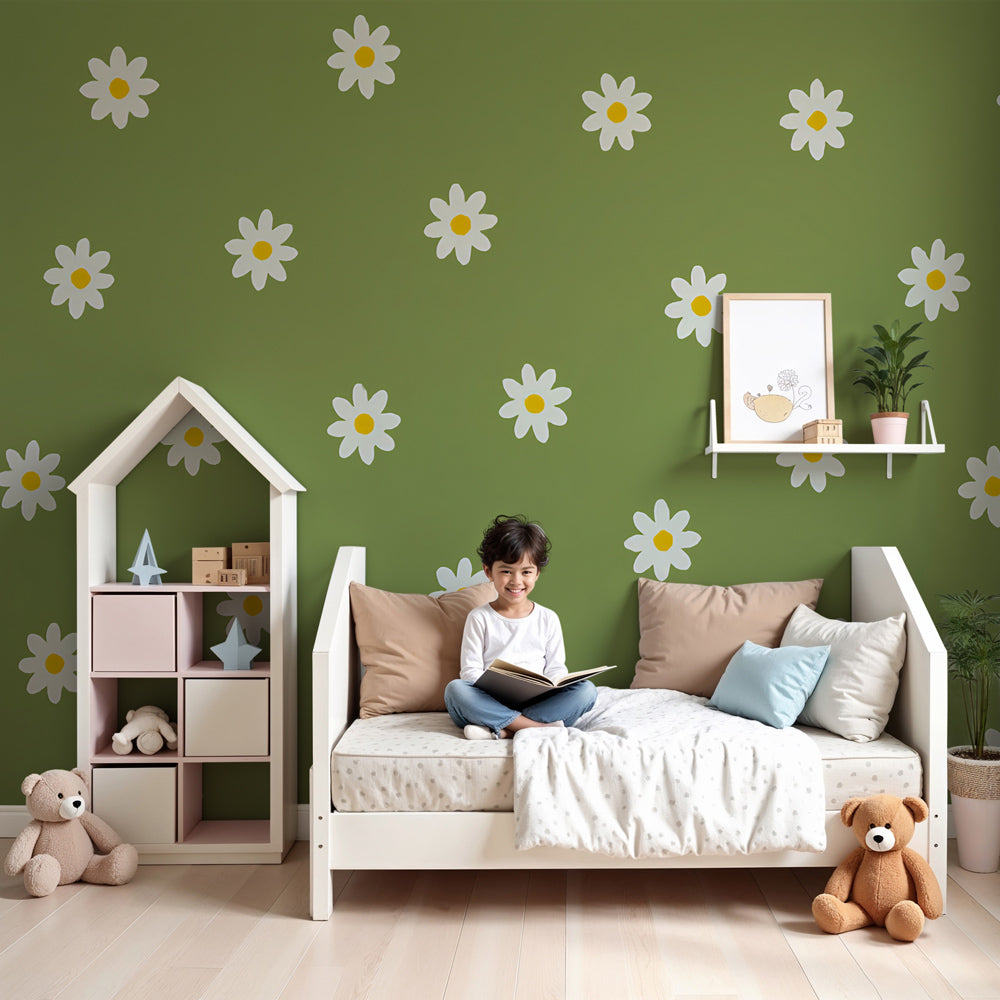Wildflower mural wallpaper with white daisies decorating a serene kids nursery by Kids-Mundo