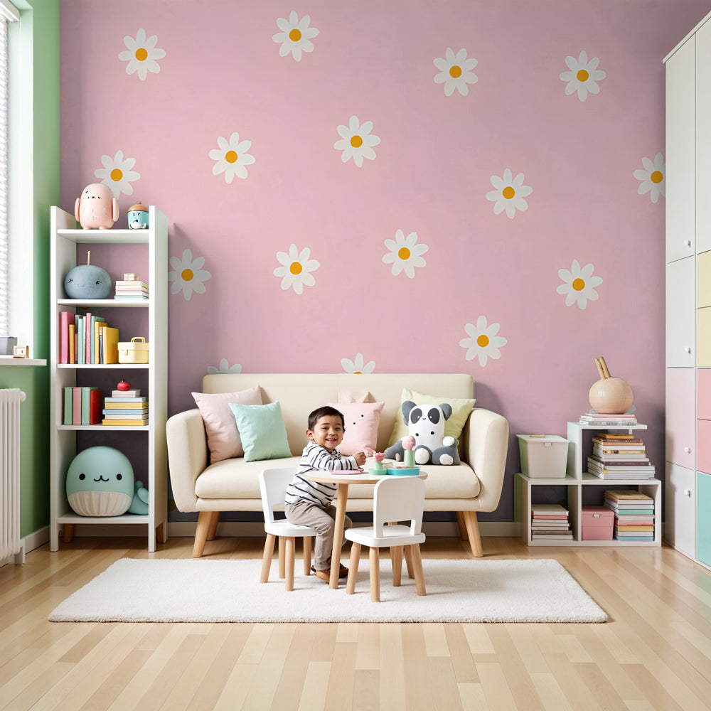 Pink wildflower mural wallpaper with white daisies decorating modern nursery by Kids-Mundo