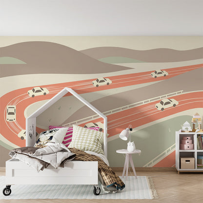Kids-Mundo retro car and highway mural mockup on a kids bedroom feature wall