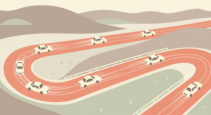 Kids-Mundo retro flat-illustration car wall mural artwork on a winding orange road