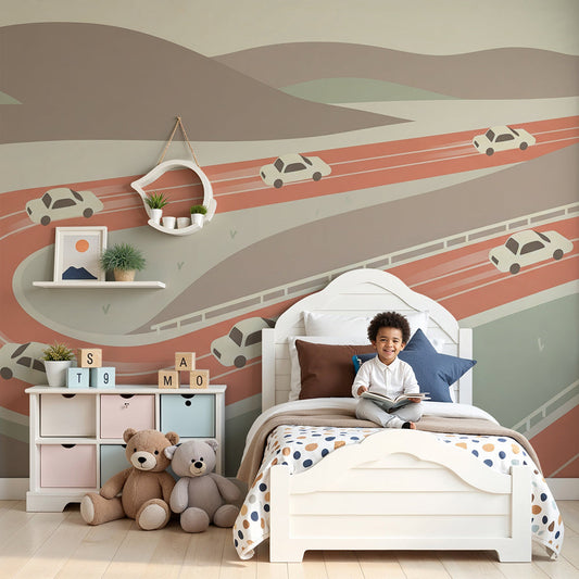 Kids-Mundo winding highway car wall mural styled in a bright nursery room