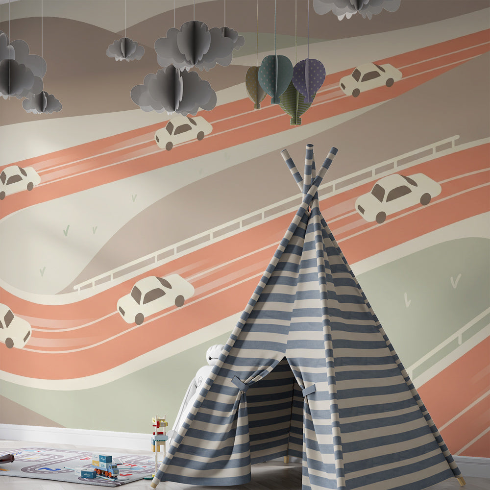 Kids-Mundo winding road car wall mural brightening a busy children's playroom