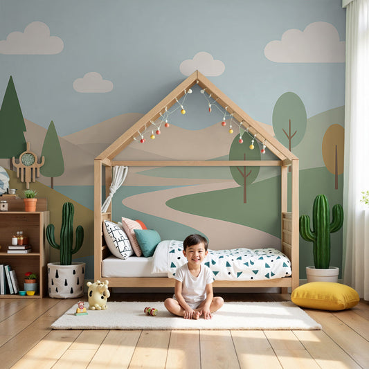 Minimalist landscape wall mural by Kids-Mundo styled in a calm, pastel nursery room