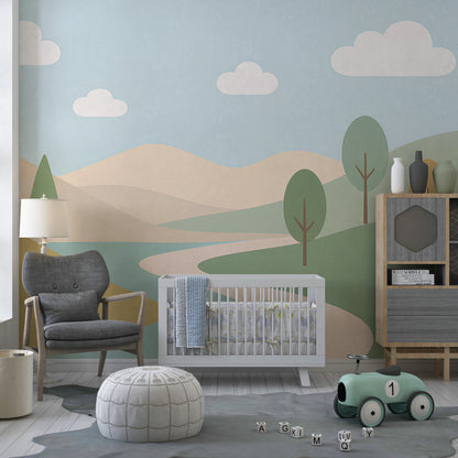 Minimalist landscape wall mural by Kids-Mundo bringing a calm scene to a kids' playroom