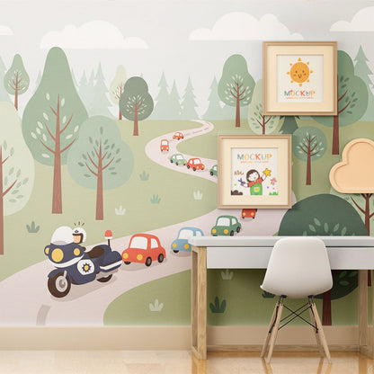 Kids-Mundo cars and road wall mural bringing a colourful convoy scene to a kids bedroom wall