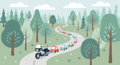 Kids-Mundo cars wall mural artwork showing a police motorcycle leading colourful cars along a road