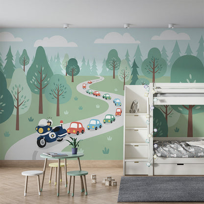 Kids-Mundo cars wall mural adding a winding forest road with toy cars to a playroom