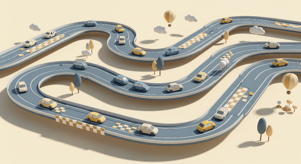 Winding Race Track with Toy Cars Wall Mural