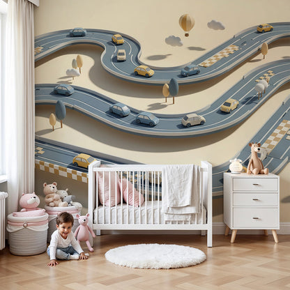 Kids-Mundo winding race track wall mural with toy cars in a soft nursery setting
