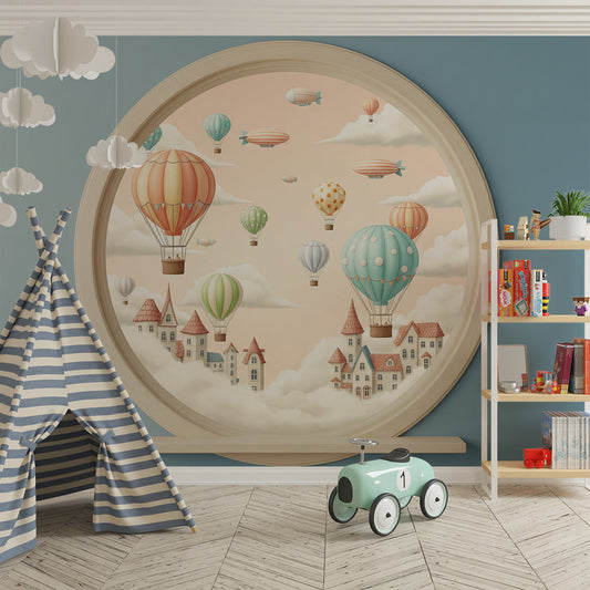 Kids-Mundo round window balloon village mural styled neatly in a calm kids bedroom
