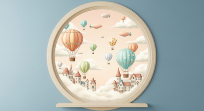 Kids-Mundo flat artwork of a round window showing hot air balloons over a fairytale village