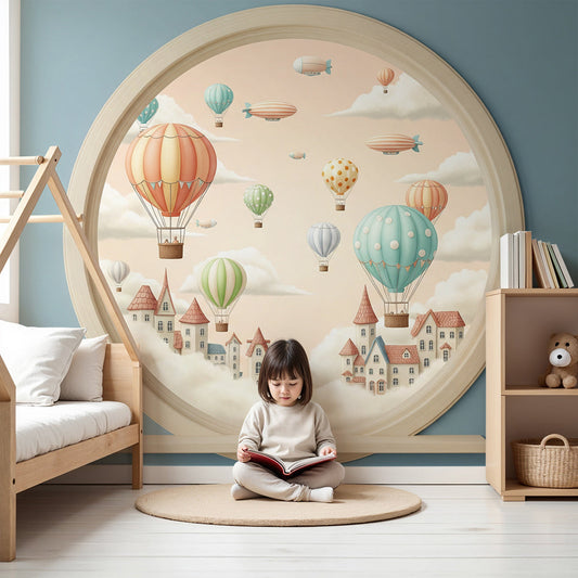 Kids-Mundo hot air balloon window wall mural in a soft blue baby nursery room setting