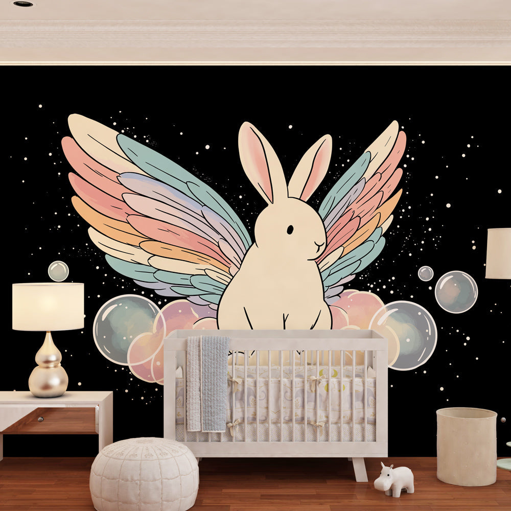 Fantasy rabbit wallpaper creating magical children's bedroom decor with pastel wings and bubbles