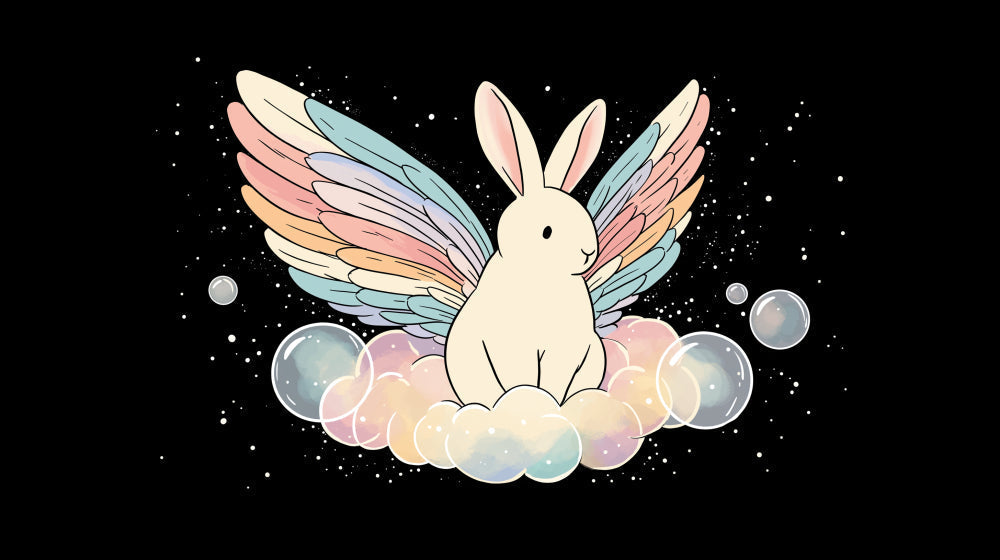 Detailed winged rabbit mural wallpaper design pattern with colorful wings and magical bubbles by Kids-Mundo