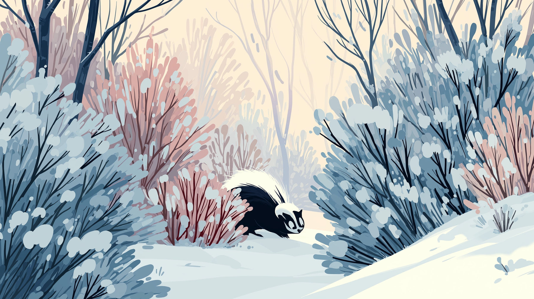 Detailed winter forest mural wallpaper design pattern with skunk and snow by Kids-Mundo