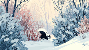 Detailed winter forest mural wallpaper design pattern with skunk and snow by Kids-Mundo