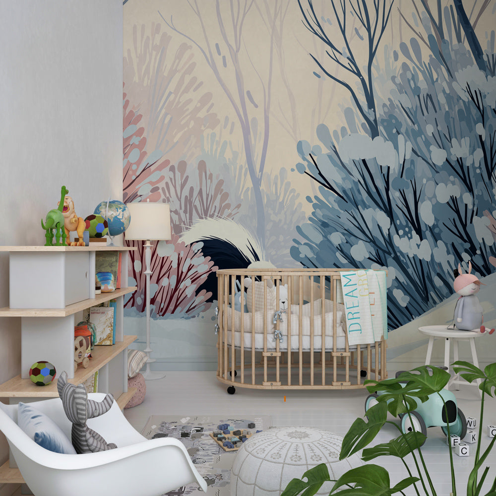 Animal-themed winter wallpaper with skunk character for cozy kids room decor