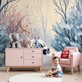 Winter adventure mural wallpaper with cute skunk in snowy forest for nursery by Kids-Mundo