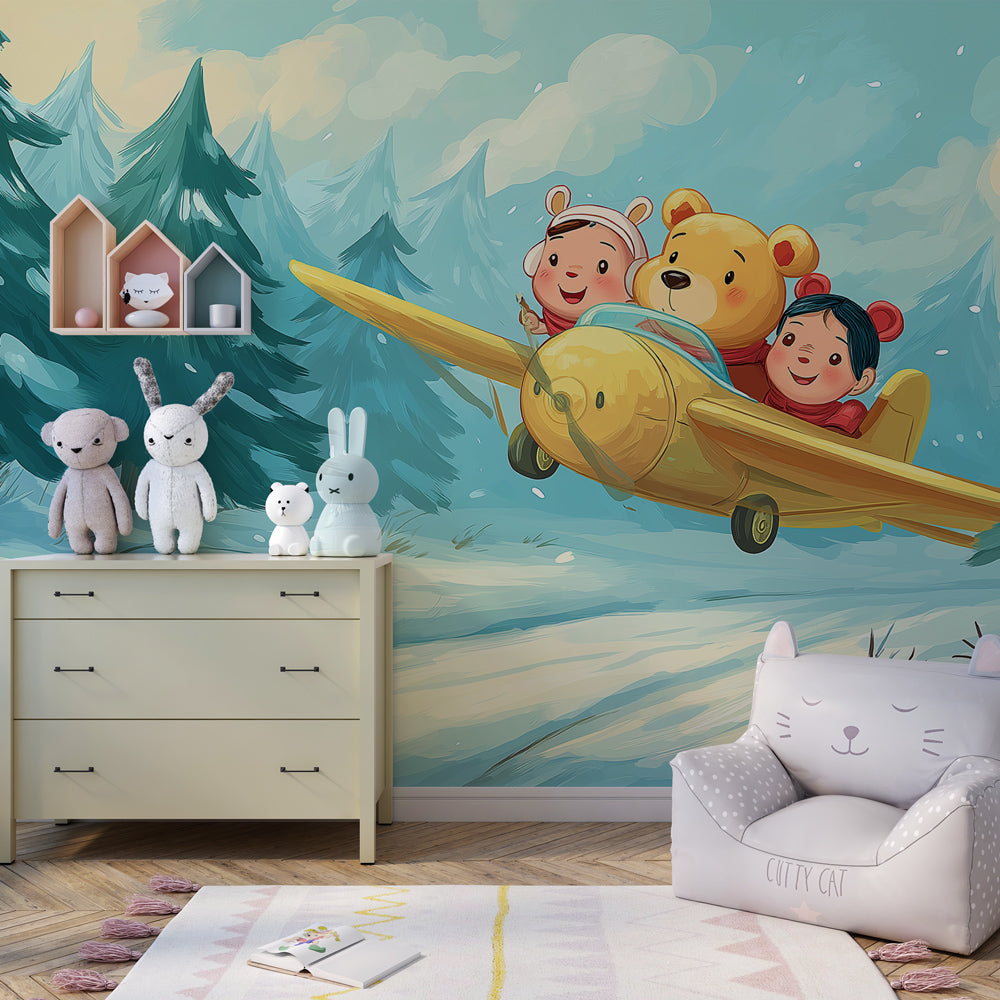 Winter themed airplane mural wallpaper creating magical playroom atmosphere for children