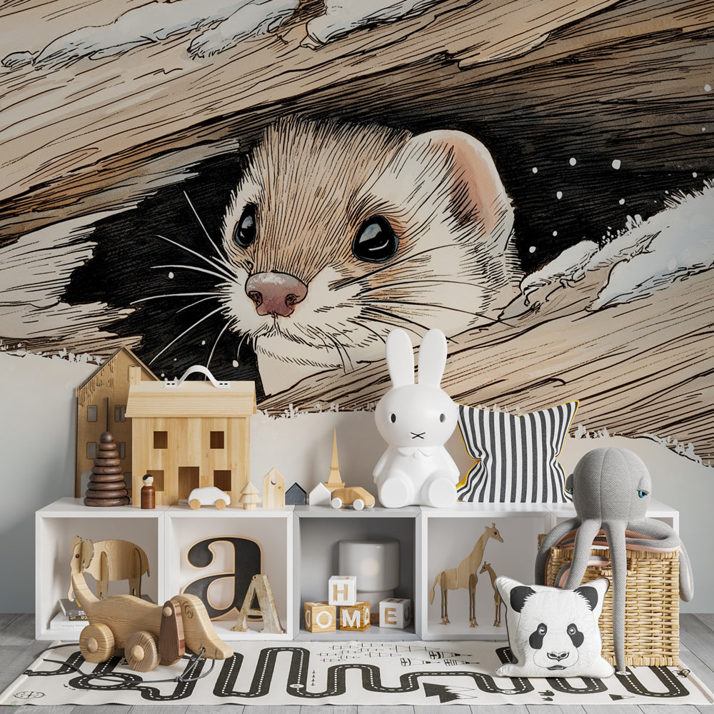 Winter wildlife mural wallpaper for children's playroom featuring adorable forest marten
