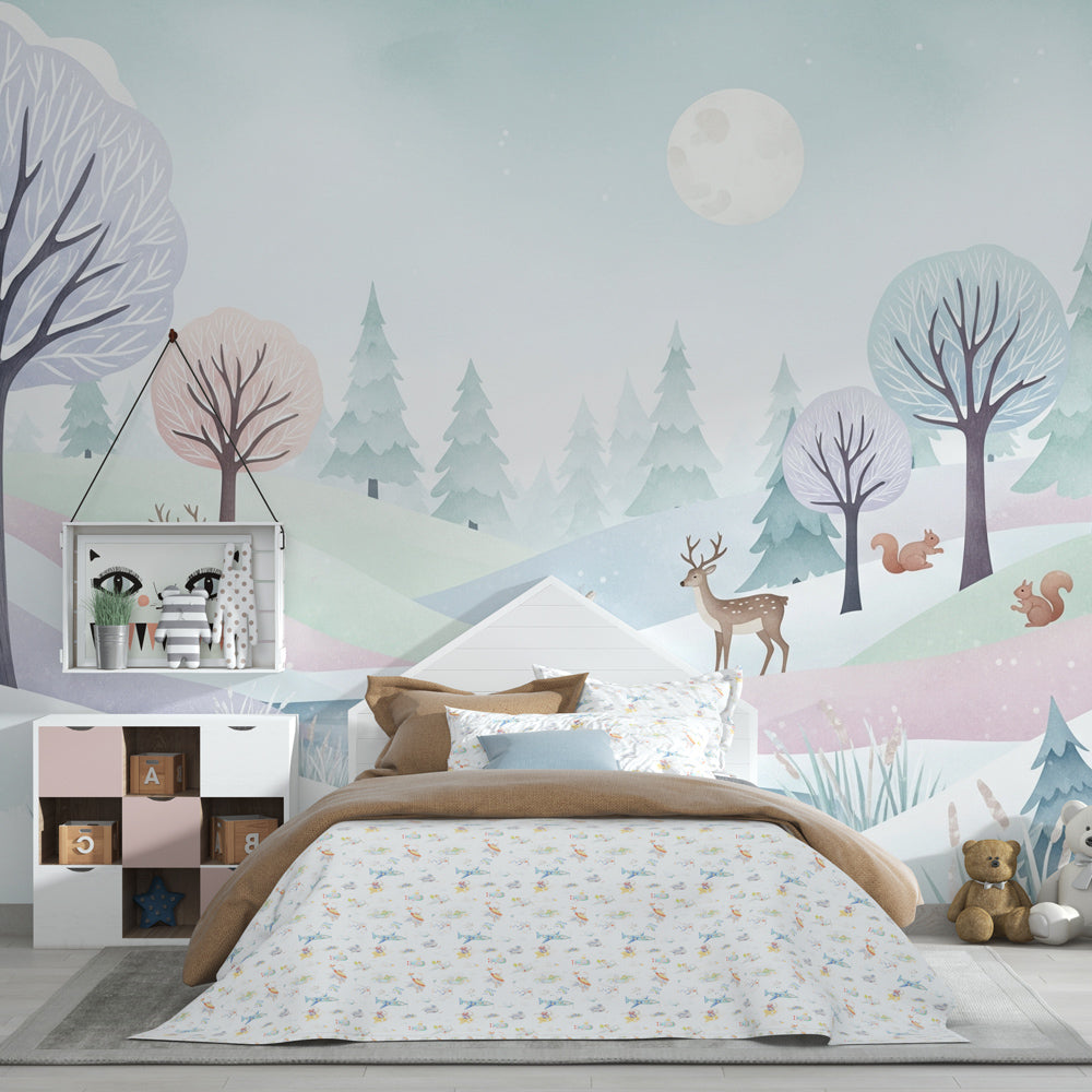 Winter woodland mural wallpaper transforming baby bedroom into serene forest sanctuary