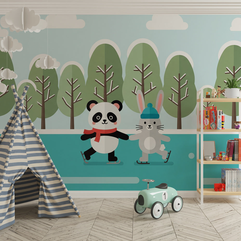 Panda and rabbit ice skating wallpaper creating magical winter atmosphere in kids bedroom