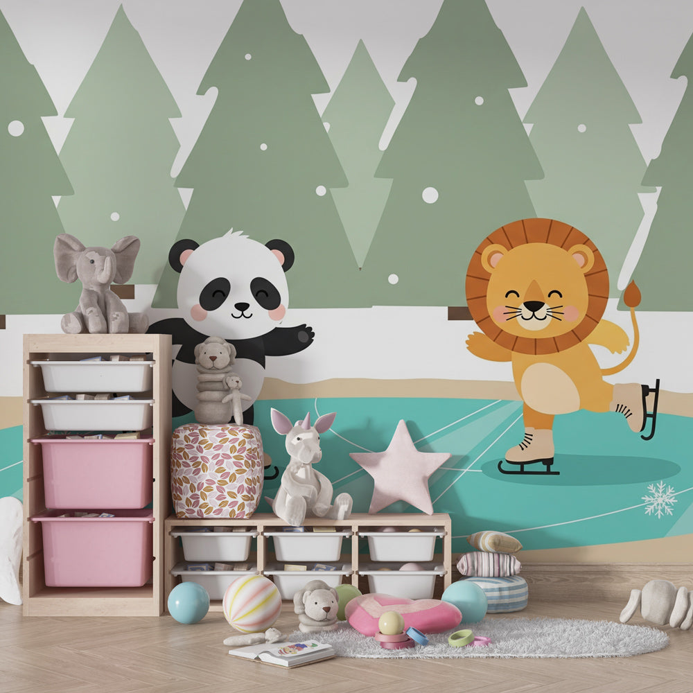 Winter themed animal wallpaper transforming kids bedroom into snowy adventure space by Kids-Mundo