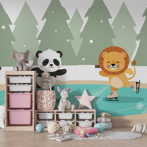 Winter themed animal wallpaper transforming kids bedroom into snowy adventure space by Kids-Mundo