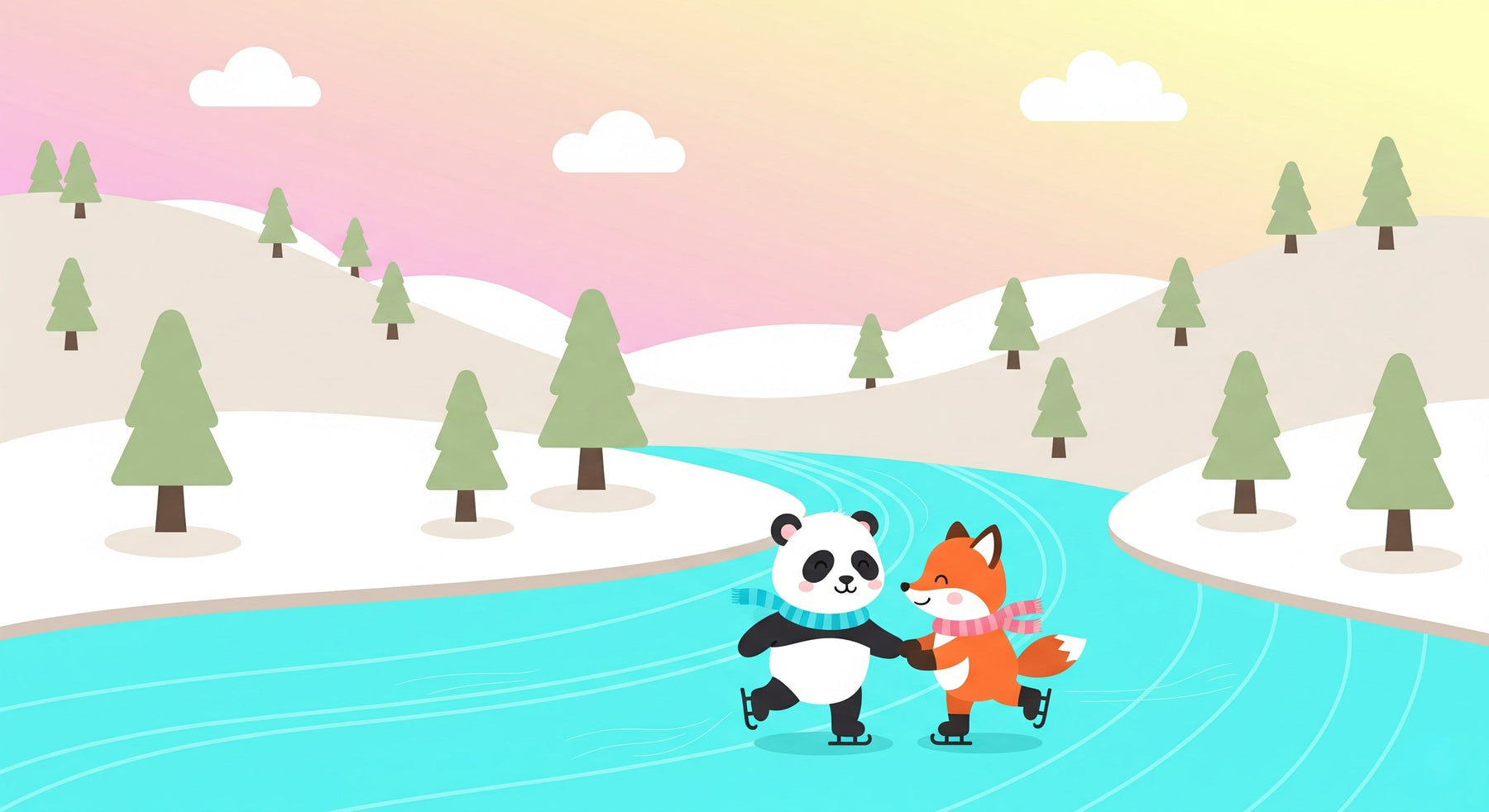 Detailed winter animals mural wallpaper design pattern with ice skating panda and fox by Kids-Mundo