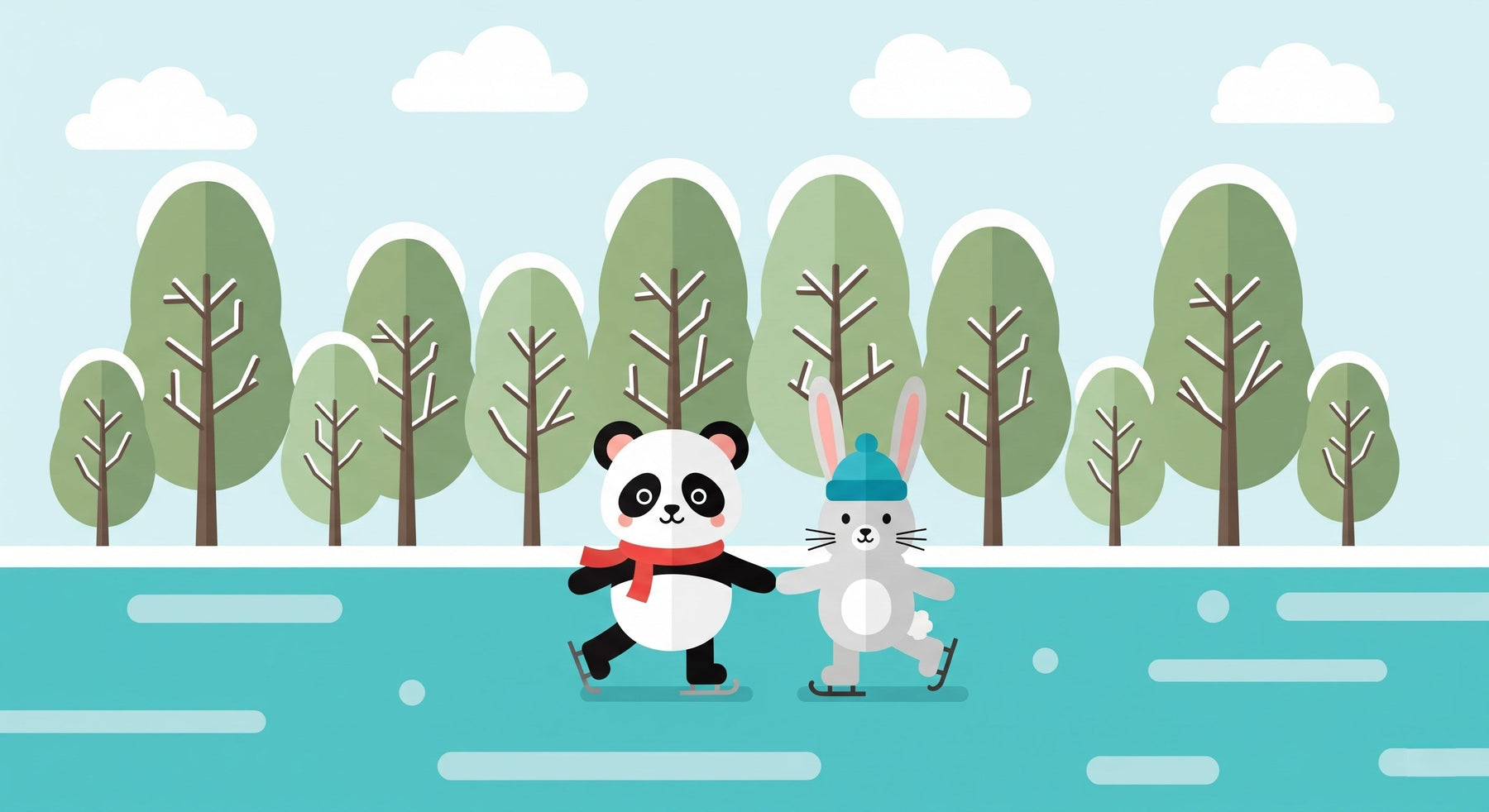 Detailed winter animals mural wallpaper design pattern with panda and rabbit ice skating by Kids-Mundo